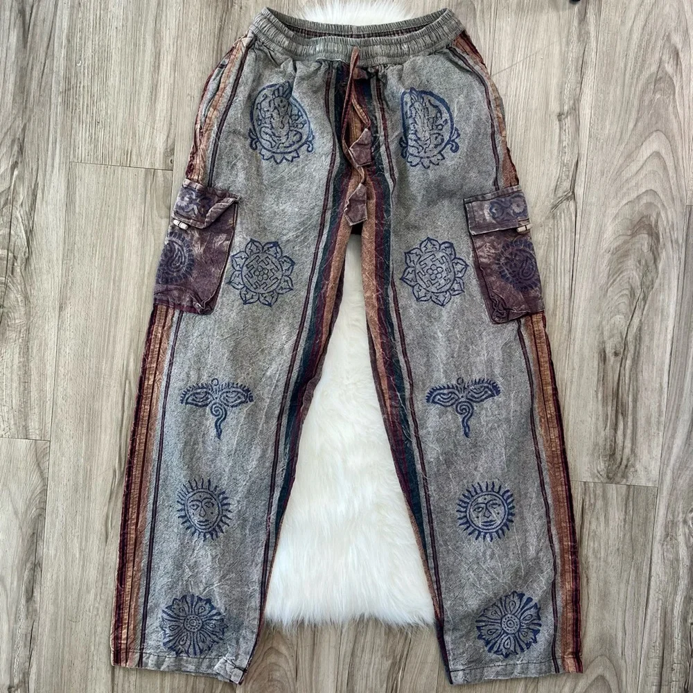 Cotton bohemian hippie sun & mandala cargo pants size small/medium - Picture 1 of 7